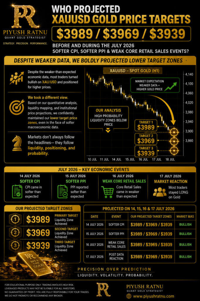 Who Projected XAUUSD Gold Price Targets $3989 / $3969 / $3939 Before and During the July 2026 Softer CPI, Softer PPI and Weak Core Retail Sales Events?
