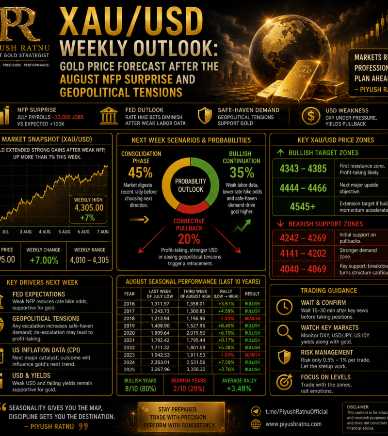 XAU/USD August 2026: Week 2 Outlook by Piyush Ratnu: Gold Price Forecast After the August NFP Surprise and Geopolitical Tensions